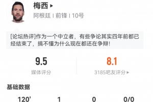 梅西全场表现优异：评分高达9.5分！射门、传球、突破、对抗均为全场之最