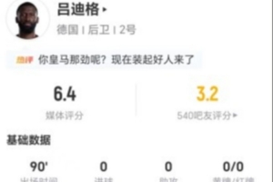 吕迪格此役4次解围2次夺回球权 5次长传3次成功+4次对抗3次成功 得到6.4分评价