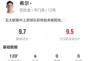 巴拉圭守门员希尔此役6次扑救，长传43次成功10次，制造3次犯规，全场最高9.7分