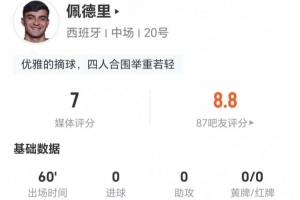 佩德里此役无射门1次关键传球 9次对抗成功7次 3次抢断3次造犯规 得到7分评价