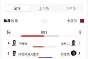 波黑3-1卡塔尔全场数据：射门14次对9次，射正5次对3次，角球5次对5次，黄牌0次对1次
