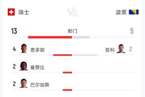 瑞士对阵波黑全场数据：射门次数13比5，射正次数7比3，控球率62%对38%